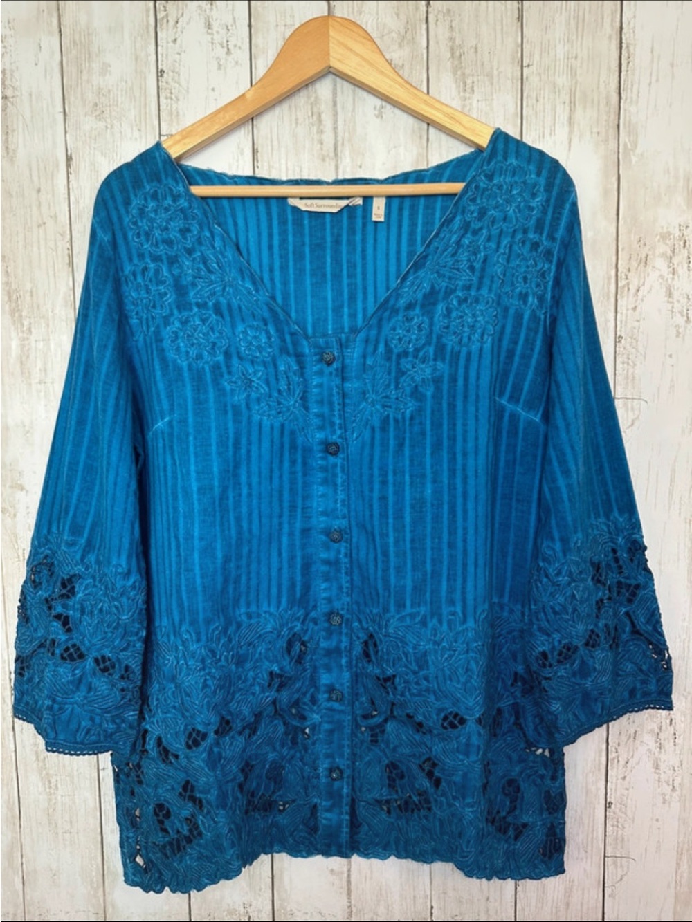 Soft Surroundings Blue Embroidered/Lace Top/Jacket Sz S Cotton Cottage core
